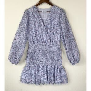 Storia Lavender Purple L Floral Smocked Waist MiniDress Cottagecore Puff Sleeve